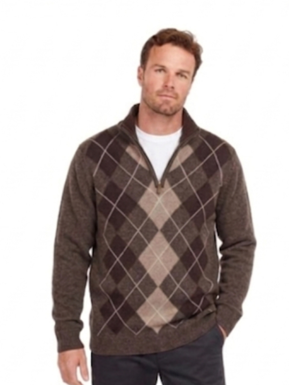 Barbour 100% Lambswool 1/4 Zip Pullover Sweater Brown Argyle